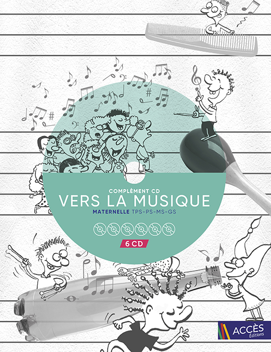 Dessin d'enfants qui chantent et qui jouent de la musique avec une bouteille sur la pochette du Complément CD Vers la Musique.